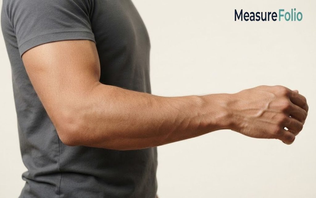 A profile view of a person's bent arm showing the forearm from elbow to wrist.
The arm is positioned against a plain light background to demonstrate scale.