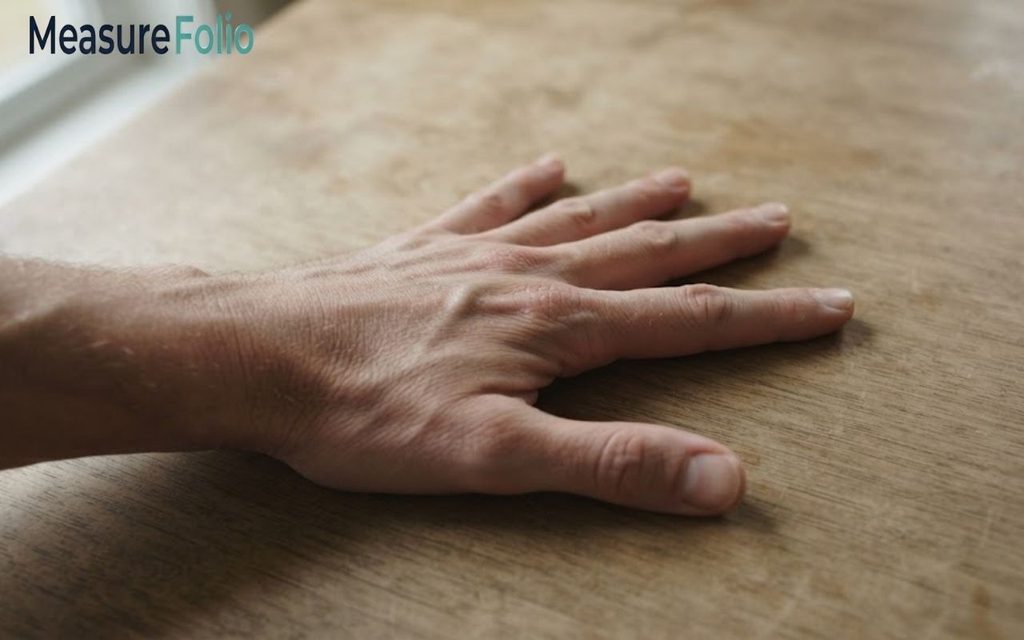 A close-up photograph of a human hand resting flat on a wooden surface.
The fingers are spread out to show hand span scale.