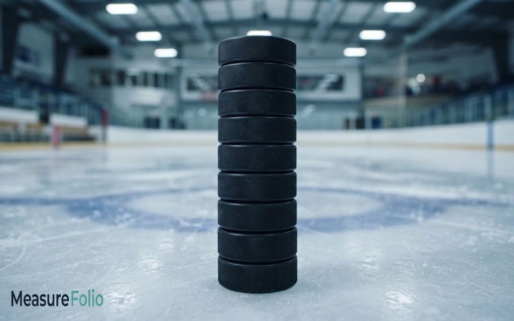 A vertical stack of ten black hockey pucks centered on an indoor ice rink featuring 10 inches.
The background shows a blurred view of the ice arena with overhead lighting.