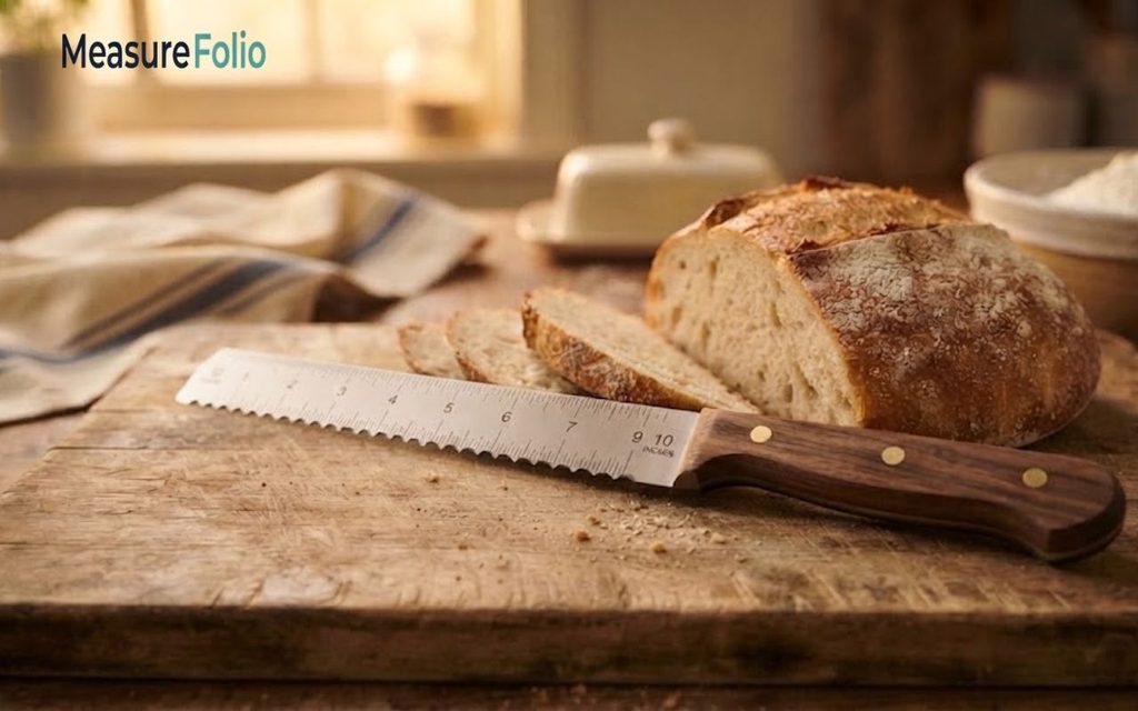 A serrated 10 inches bread knife with an integrated ruler scale resting on a wooden cutting board.
Slices of freshly baked bread sit beside the knife in a warm kitchen setting.