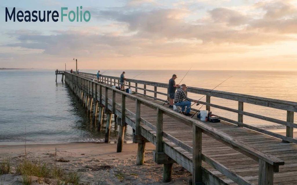 People fishing on a long wooden pier extending into the calm ocean during soft morning light.