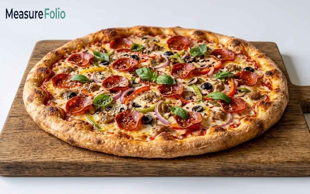 A loaded supreme pizza with pepperoni, peppers, and basil on a wooden board.