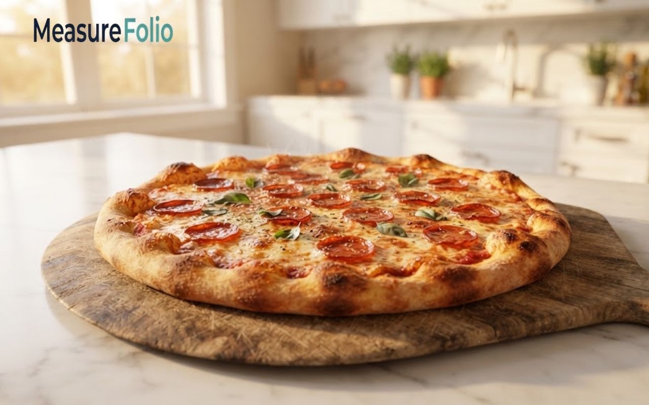 A freshly baked 10 inches pepperoni pizza sits on a wooden peel atop a white marble counter.
The background features a warm, sunlit kitchen with large windows and soft daylight