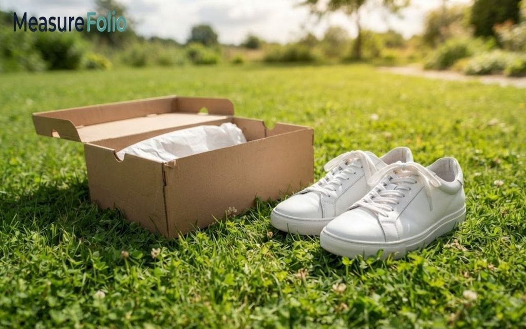 A pair of clean white leather sneakers resting on a lawn next to their open shoebox.
The background features a bright, sunlit park with green grass and trees.