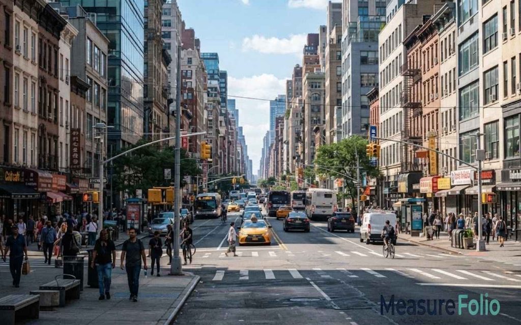 Busy city street level view with multi-story buildings, cars, yellow taxis, and pedestrians walking along sidewalks.