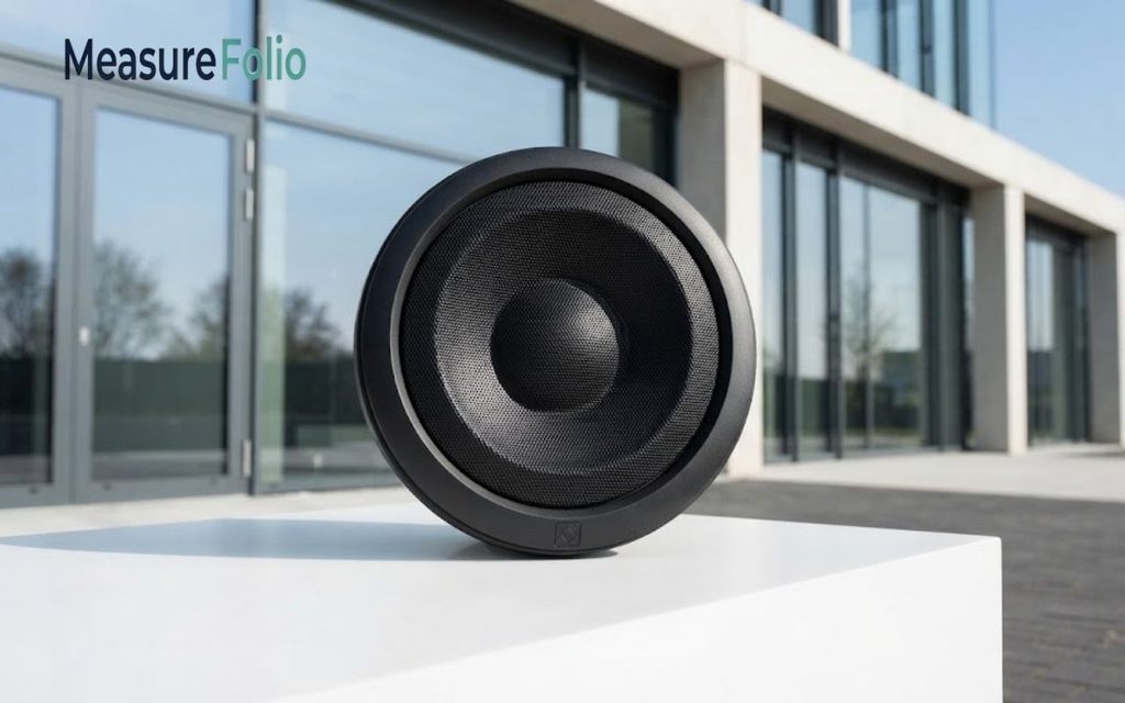A round black audio speaker resting on a white pedestal outdoors.
The background features a modern glass and concrete building facade.