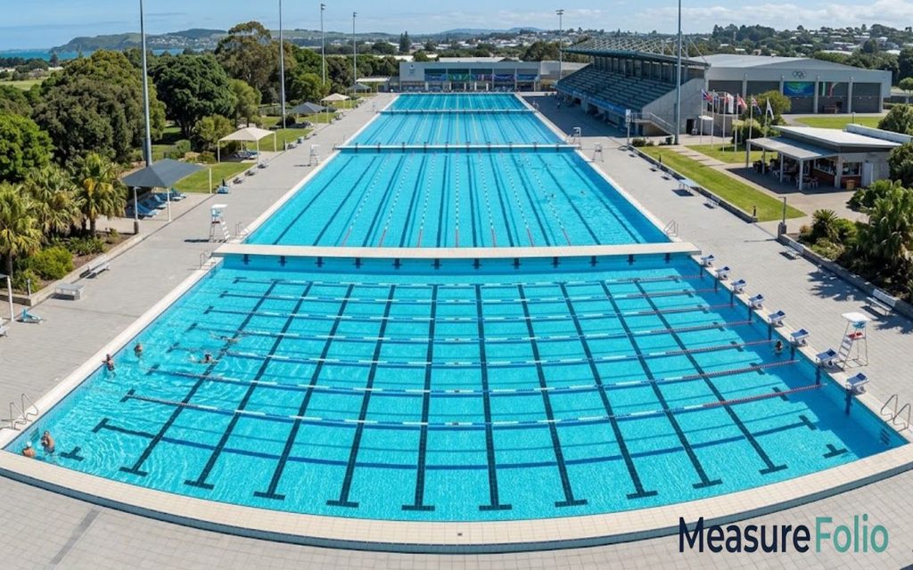 Aerial view of a very long, multi-lane outdoor swimming pool complex with swimmers in the water.