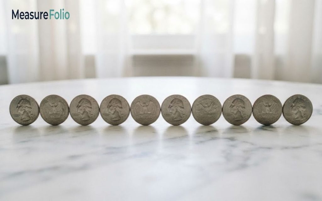 A horizontal row of ten quarters lined up on a white surface.
The background features a soft, bright window with translucent curtains.