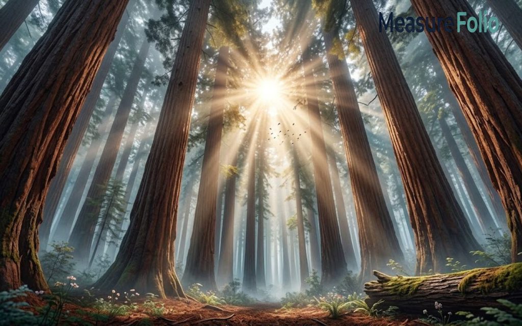 Sunlight filters down through a majestic redwood forest, creating bright rays piercing through mist and tall trees.