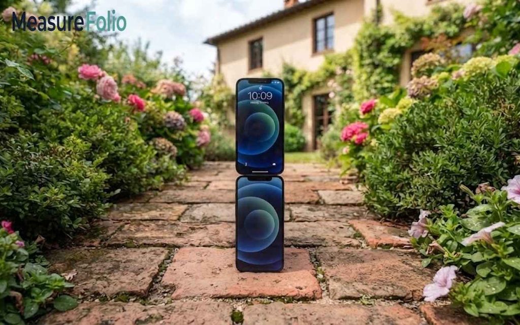 A vertical stack of two smartphones balanced on a brick pathway.
Lush garden flowers and a sunlit Italian-style villa frame the background.