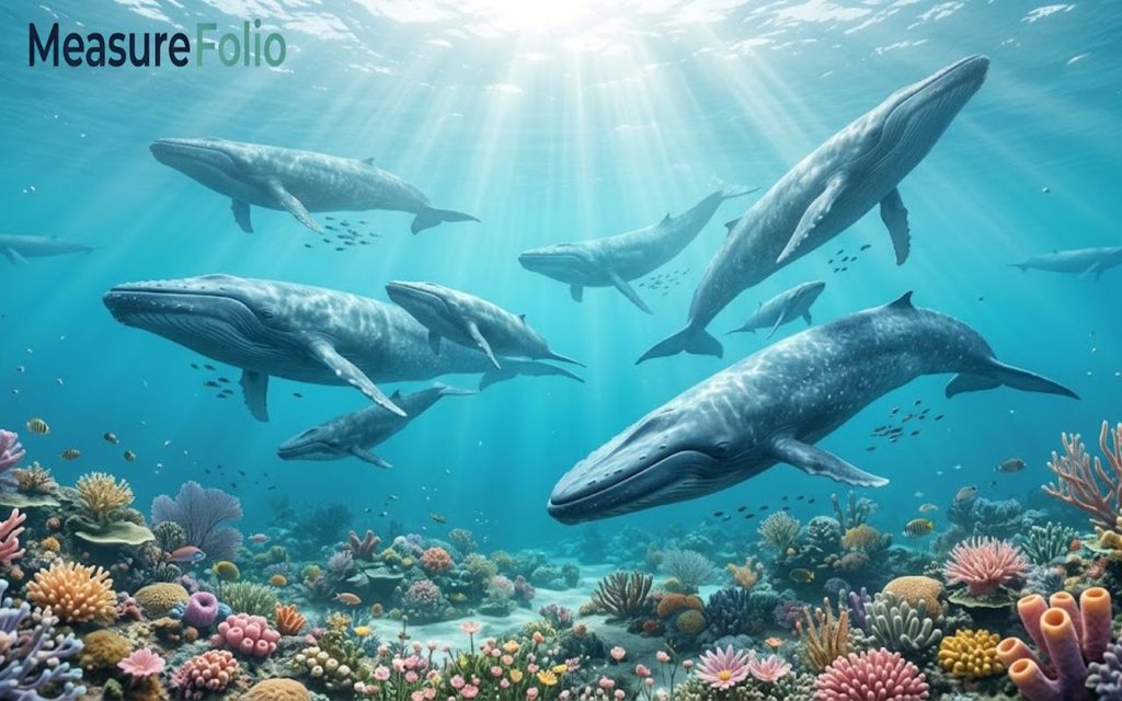Several blue whales swim together in clear blue ocean water, passing over a vibrant coral reef, around 500 feet below.