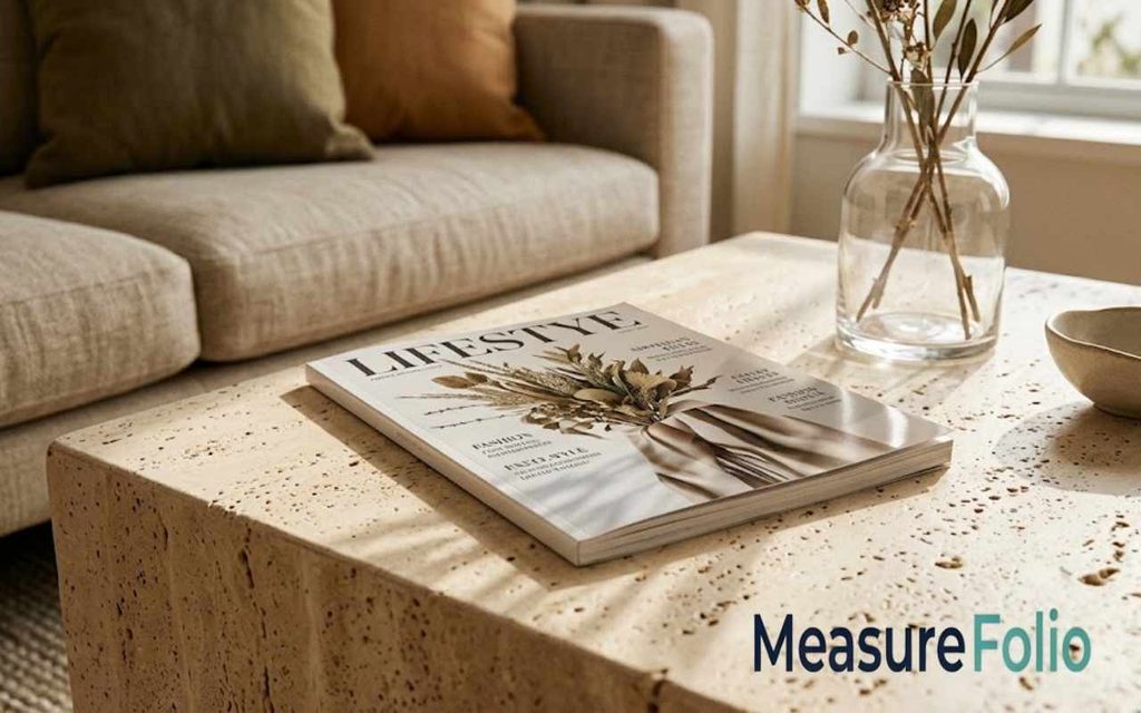 An 8 inches wide fictional lifestyle magazine slightly angled on a sculptural travertine coffee table.