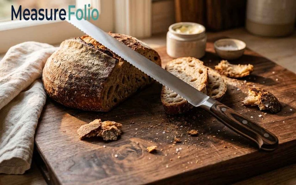 A bread knife beside a freshly sliced sourdough loaf on a rustic walnut cutting board.