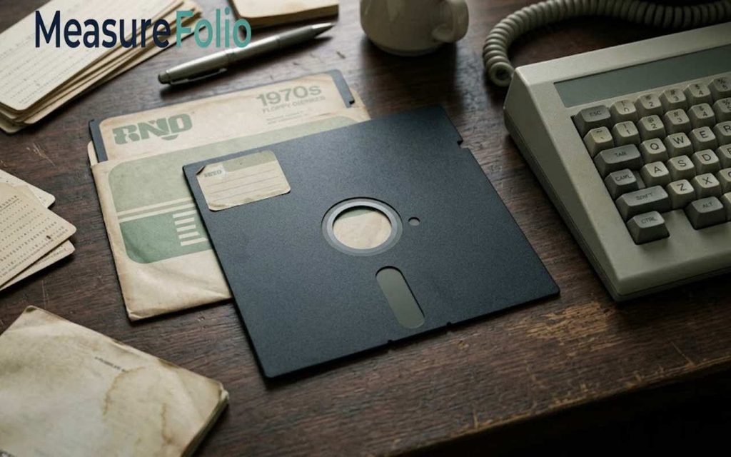 An 8 inches retro floppy disk rests on a dark walnut desk beside a vintage computer keyboard.