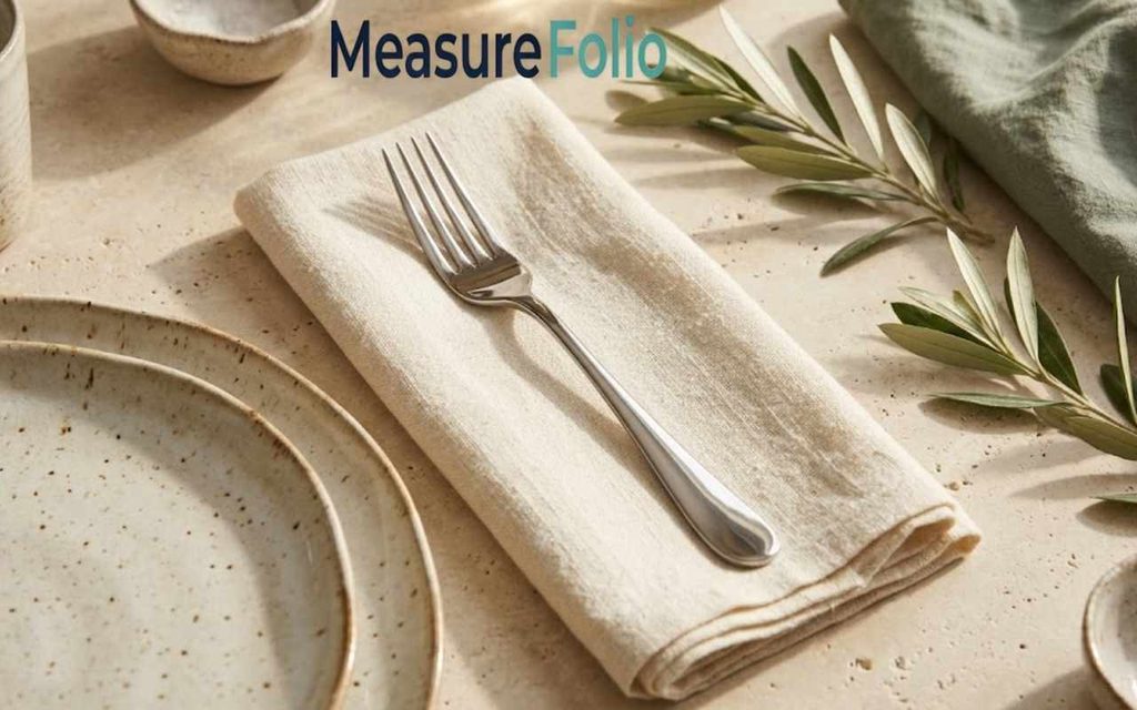 A stainless-steel dinner fork diagonally on an ivory napkin on a pale stone tabletop.