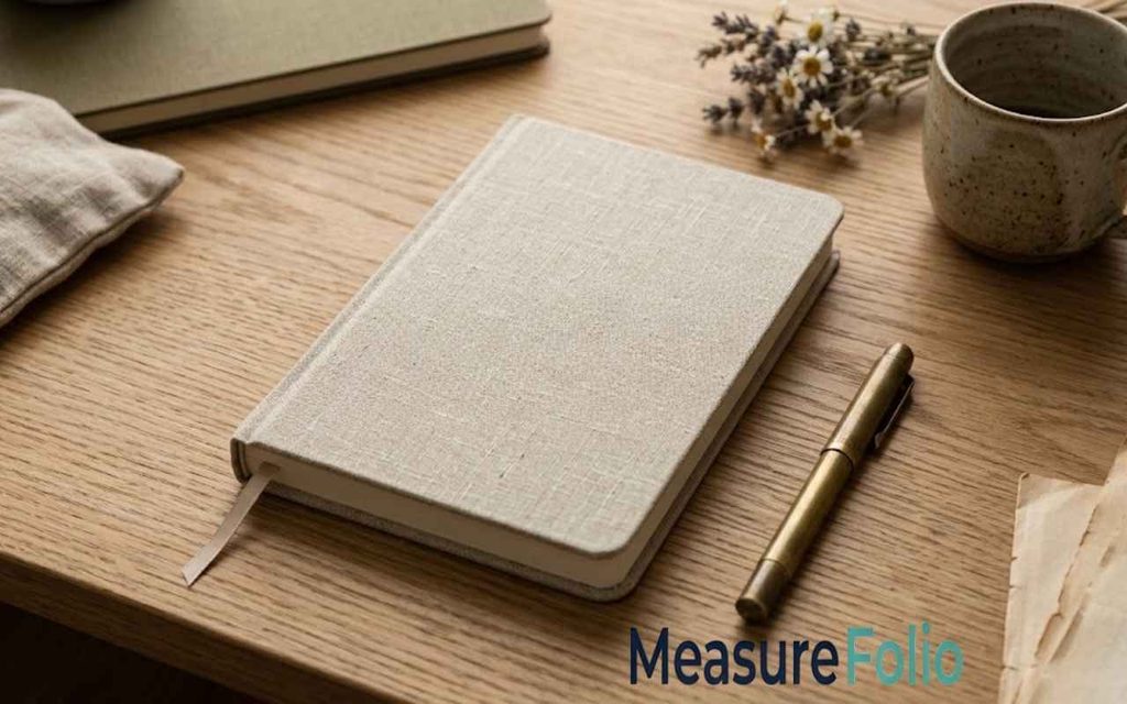 A 5-by-8 inches linen hardcover journal on an oak desk with a brass pen and a coffee cup.