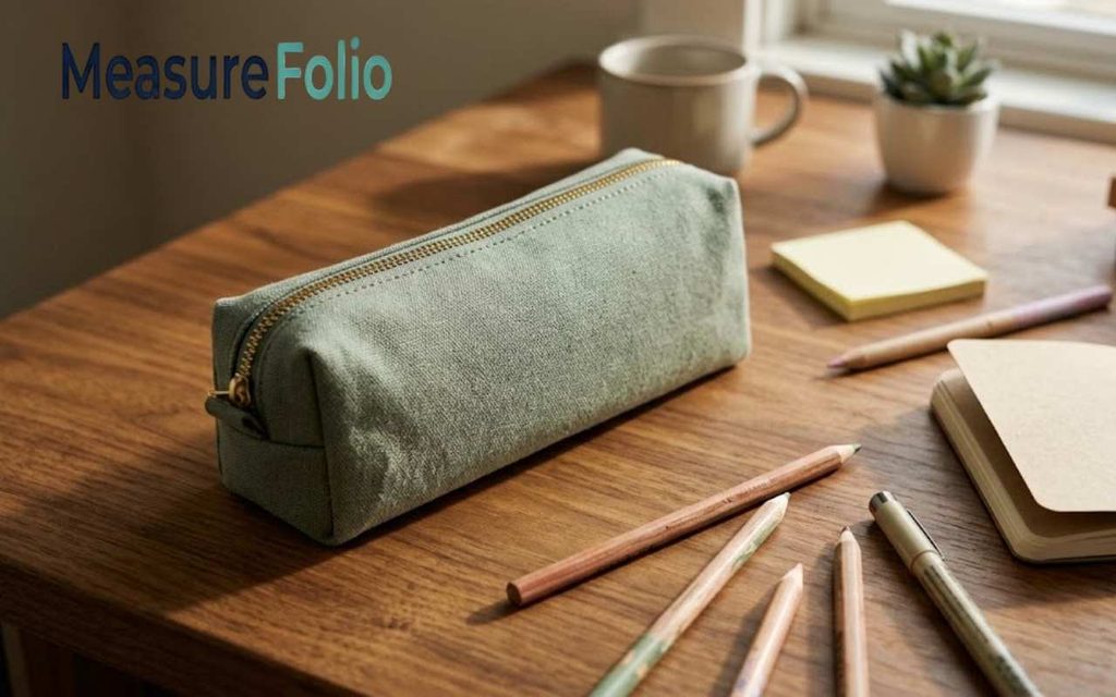 An 8 inches sage green canvas pencil case, colored pencils, and a notebook on a wooden student desk.