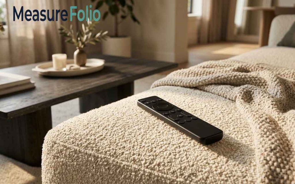 A TV remote diagonally on a luxurious cream boucle sofa with an oatmeal throw.