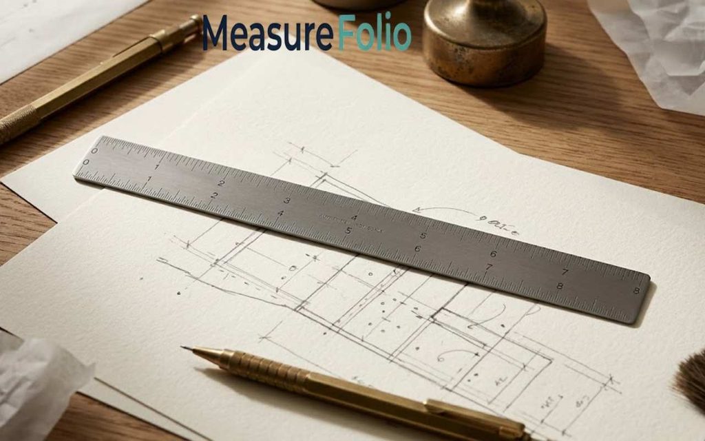 A metal drafting ruler on a desk with architectural sketches, pencils, and a paperweight.