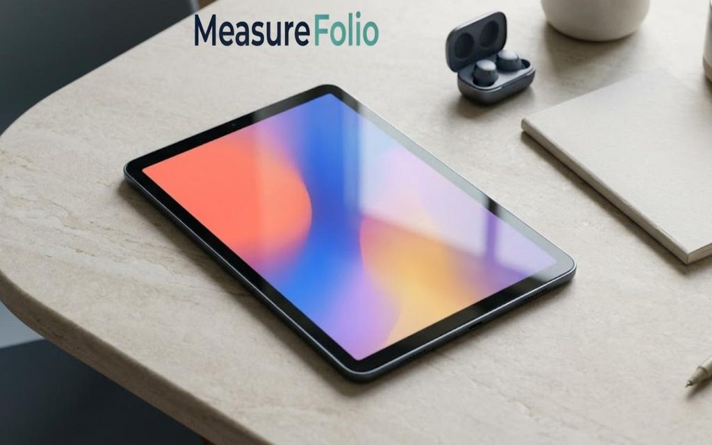 A mini tablet with a colorful gradient display on a stone desk with earbud case and pen.